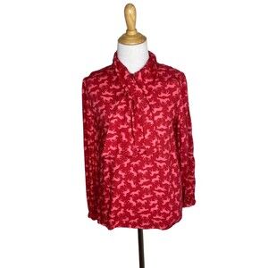 Rosalita McGee Red Pink Horses Top Womens Blouse Long Sleeve Size XS Extra Small